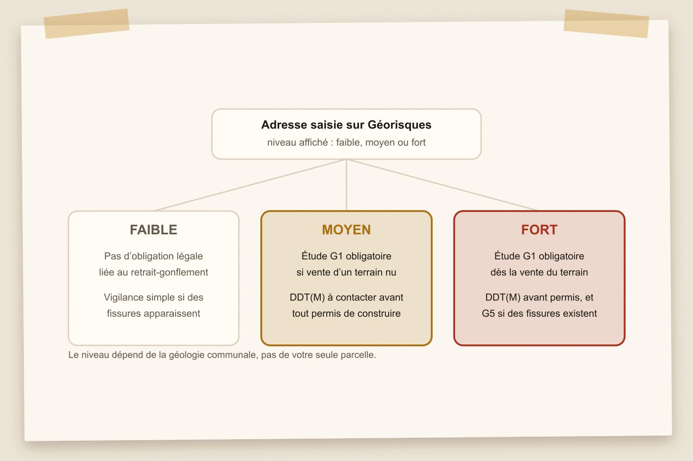 Schéma : une adresse saisie sur Géorisques renvoie un niveau faible, moyen ou fort, chacun associé à une action à mener