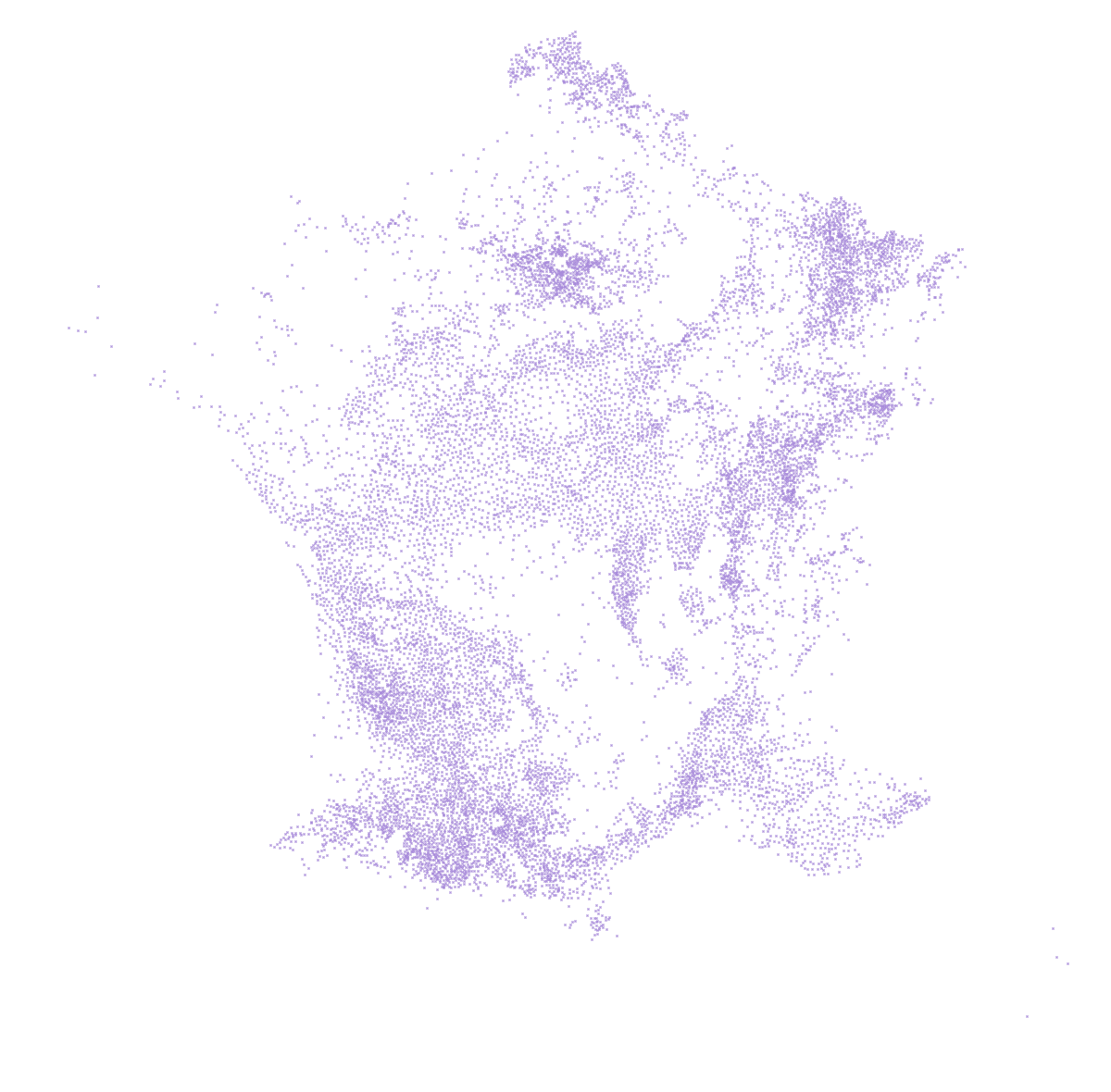 Carte de France : chaque point marque une commune reconnue à la fois pour l’inondation et pour la sécheresse