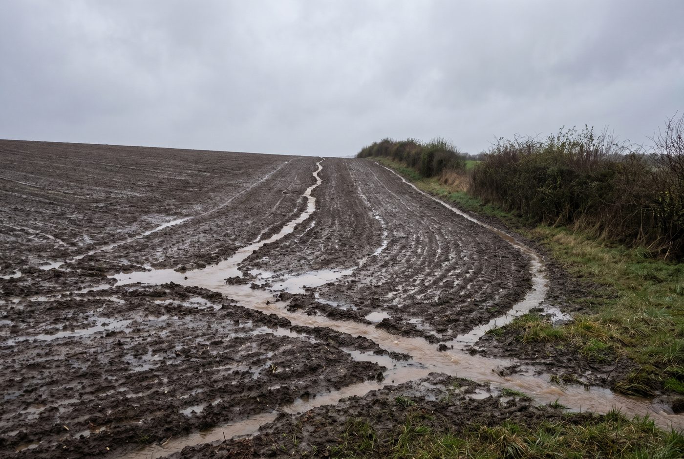 Champ labouré en pente après une forte pluie : des rigoles d’eau boueuse descendent vers une haie