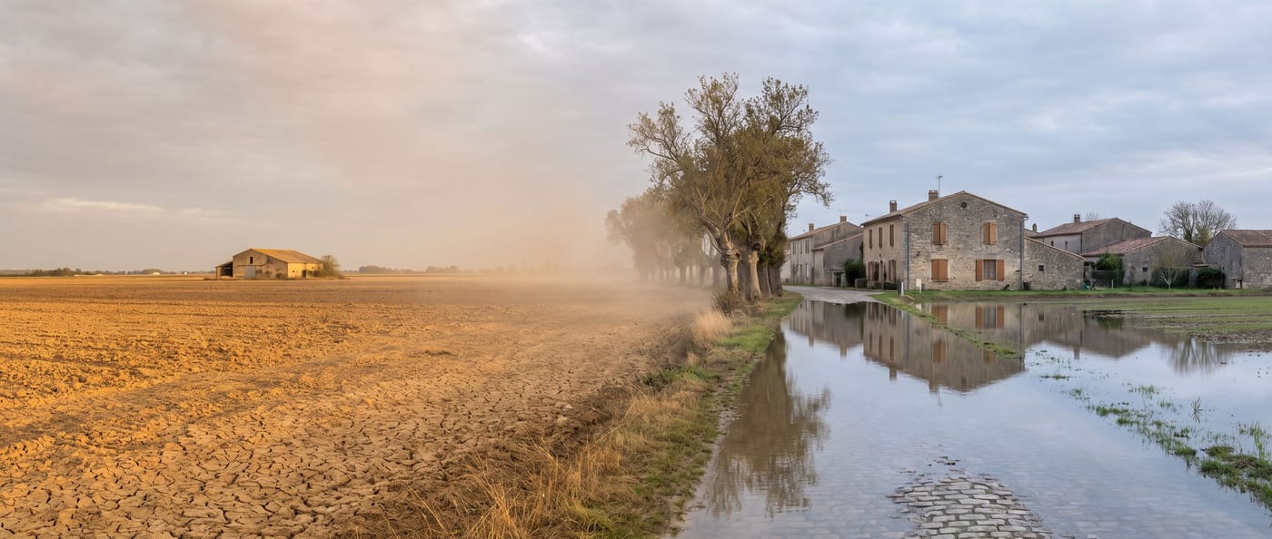 Paysage rural où un champ à la terre craquelée par la sécheresse jouxte un chemin de village recouvert par l’eau
