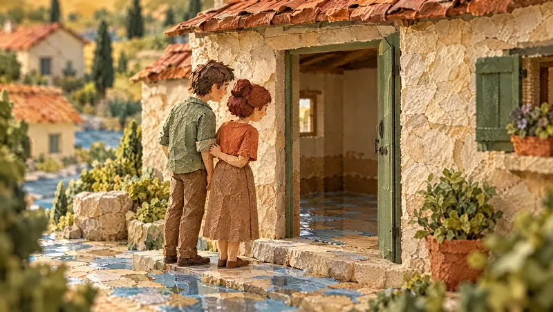 Maquette de papier : un couple sur le seuil de sa maison, l’eau a envahi le carrelage.