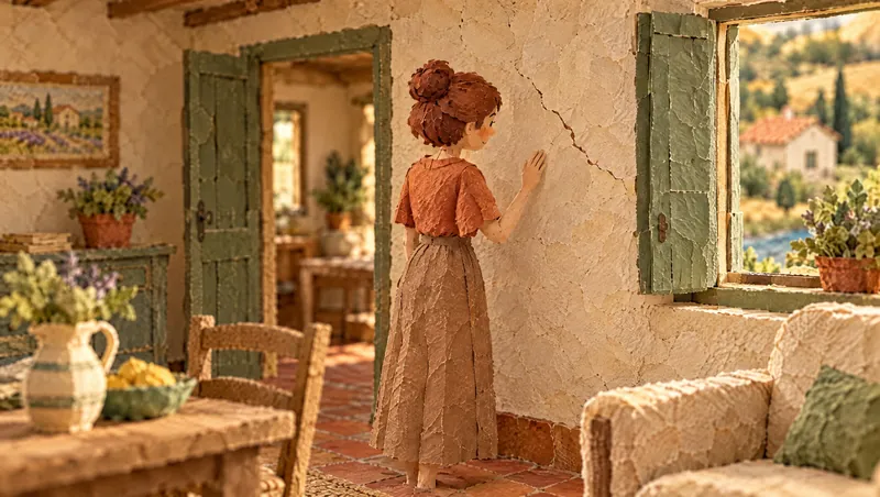 Maquette de papier : une jeune femme pose la main sur une fissure du mur de son salon.