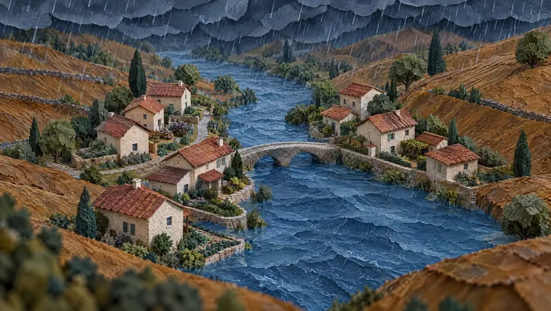 Maquette de papier : la pluie sur la vallée, la rivière monte au pied du village