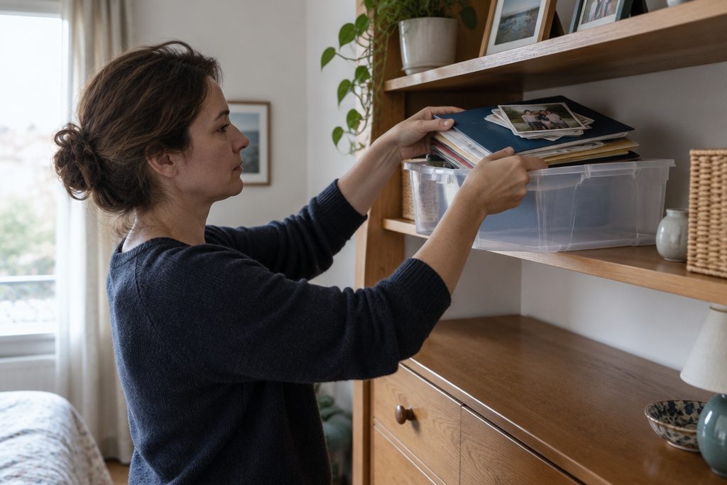 Une femme range un dossier de papiers de famille et des photographies dans une boîte plastique fermée, posée sur une étagère haute d’une bibliothèque