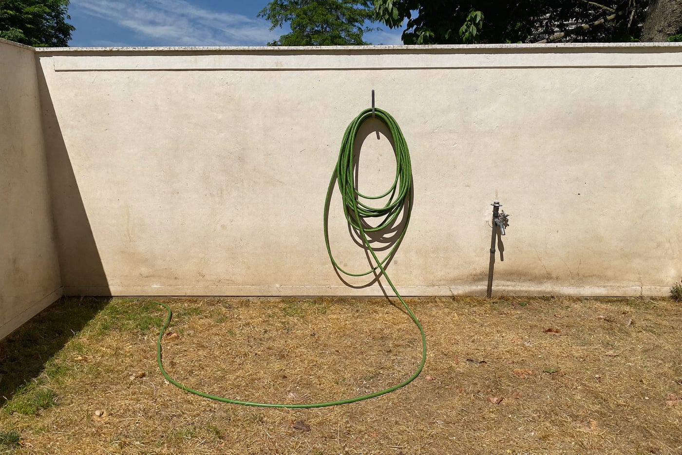 Pelouse jaunie au pied d’un mur clair, un tuyau d’arrosage vert enroulé sur un crochet à côté d’un robinet extérieur non branché