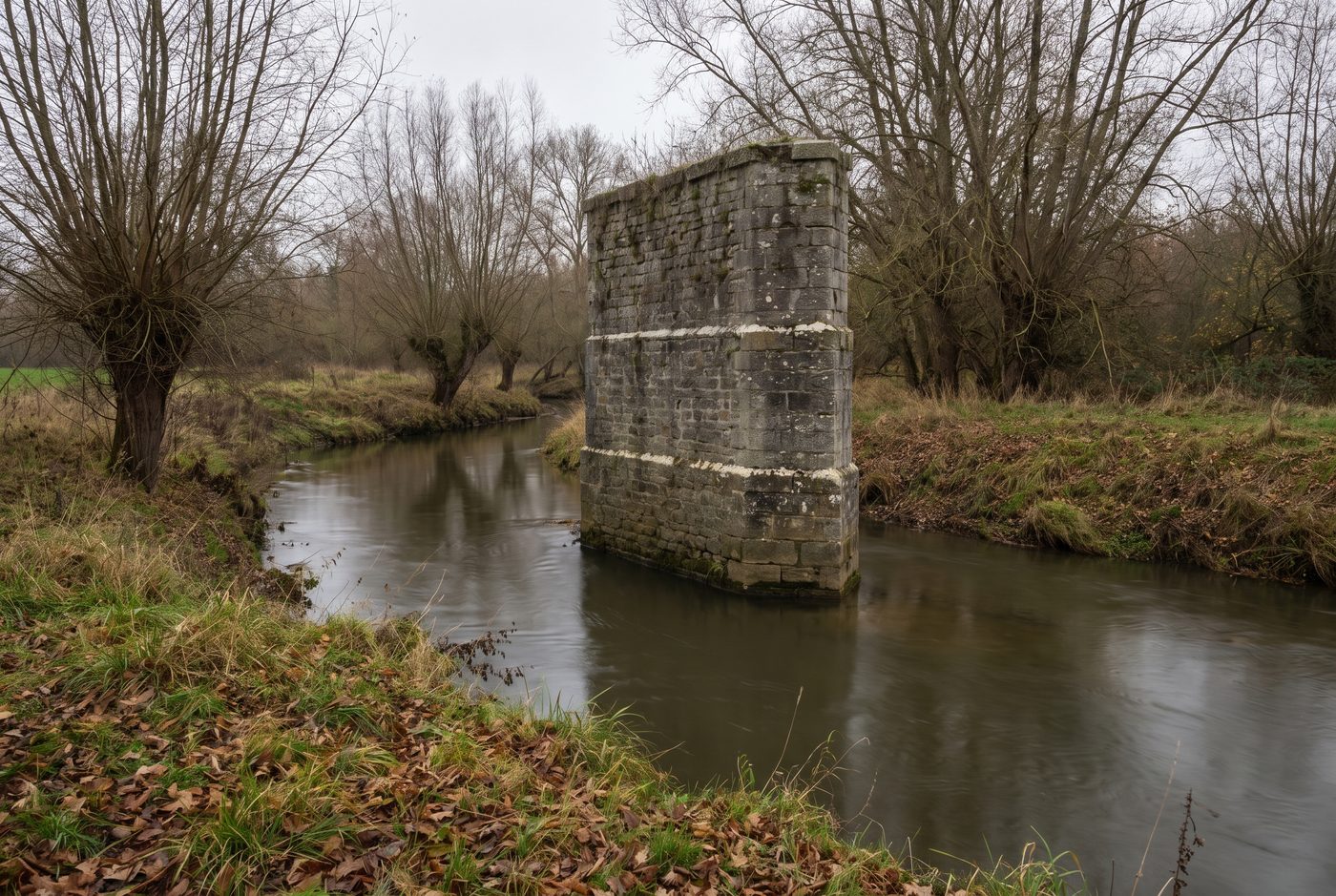 Pile de pont en pierre au milieu d’une rivière calme, marquée de deux traces claires à deux hauteurs différentes